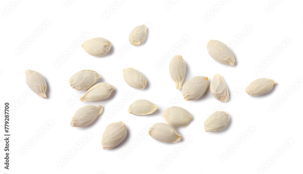Many seeds of tangerine isolated on white, top view