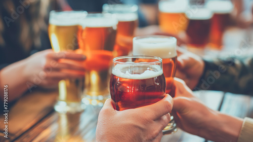 Group of friends enjoying beers at a brewery pub - Cheerful companions savoring happy hour seated at the bar - Close-up of beer glasses - A lifestyle concept centered around food and beverages.
