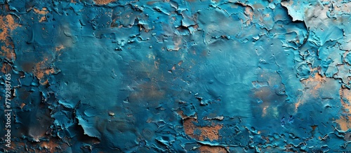 The blue and orange paint is peeling off a weathered wall, revealing its worn surface underneath