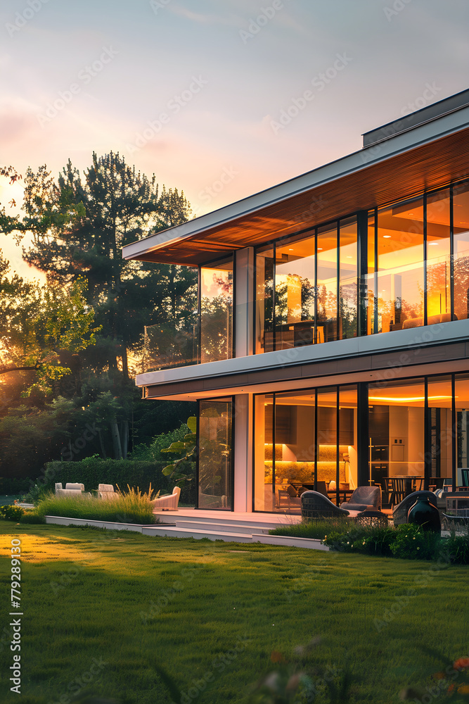 Serene Sunset Over a Modern Architectural House: A Blend of Aesthetics and Comfort