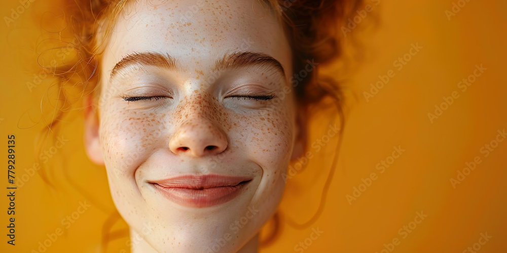 Close-up of face of woman with freckles, smiling