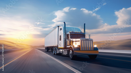 American style truck on freeway pulling load. Transportation logistics concept 