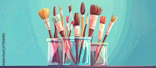 A variety of paint brushes in glass jars sit on a table, ready for use in an art event. Among them is a magenta brush, resembling an office supply photo