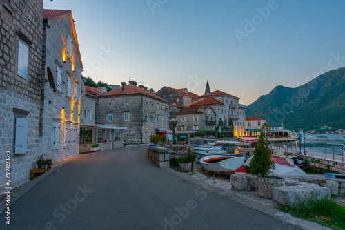 Sunrise view of Perast town in Montenegro situated at Boka Kotorska bay