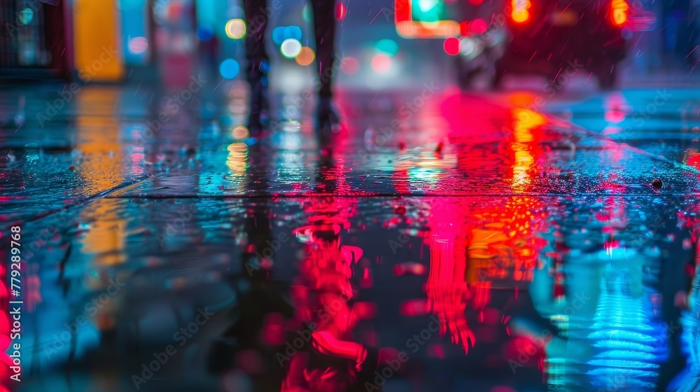 Rain-soaked sidewalks reflecting the neon glow of th  AI generated illustration