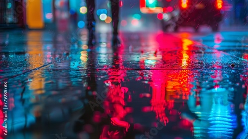 Rain-soaked sidewalks reflecting the neon glow of th AI generated illustration
