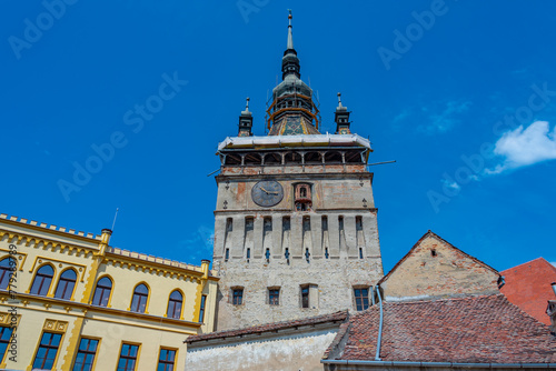 view of the clock tower in Sighisoara, Romania