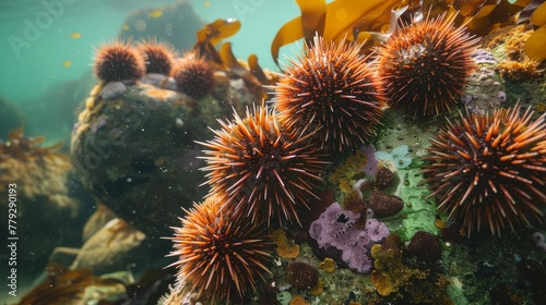 Sea urchins clinging to rocks with their spiky exter  AI generated illustration photo