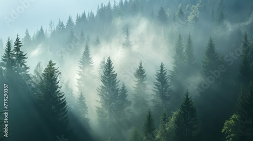 Shadows cast by the morning fog in a mountain forest  AI generated illustration photo