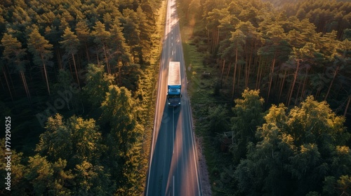 Shadows lengthening as a truck moves through a rural  AI generated illustration photo