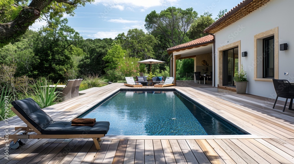 Simple yet elegant poolside view with a wooden deck   AI generated illustration