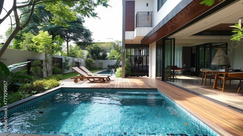 Simple yet elegant poolside view with a wooden deck AI generated illustration
