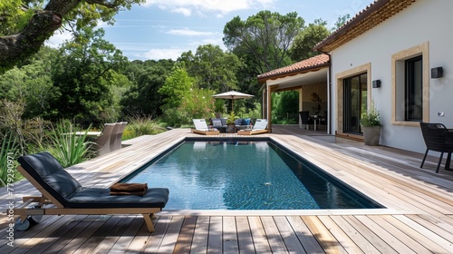 Simple yet elegant poolside view with a wooden deck   AI generated illustration