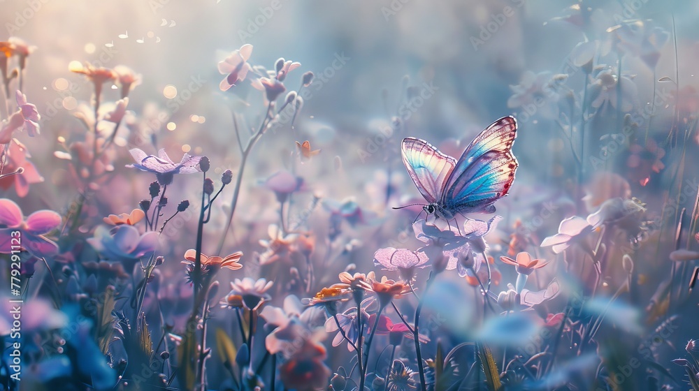 Soft pastel shades of pink blue and purple make up the wings of a butterfly in a field of blooming flowers   AI generated illustration