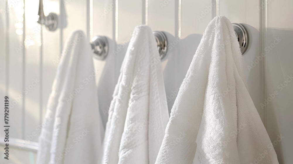 Soft fluffy towels hanging from polished chrome hook AI generated illustration Soft fluffy towels hanging from polished chrome hook AI generated illustration