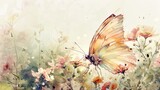Soft and ethereal a watercolor butterfly flutters gently amidst a garden of delicate blossoms   AI generated illustration
