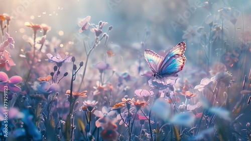 Soft pastel shades of pink blue and purple make up the wings of a butterfly in a field of blooming flowers AI generated illustration