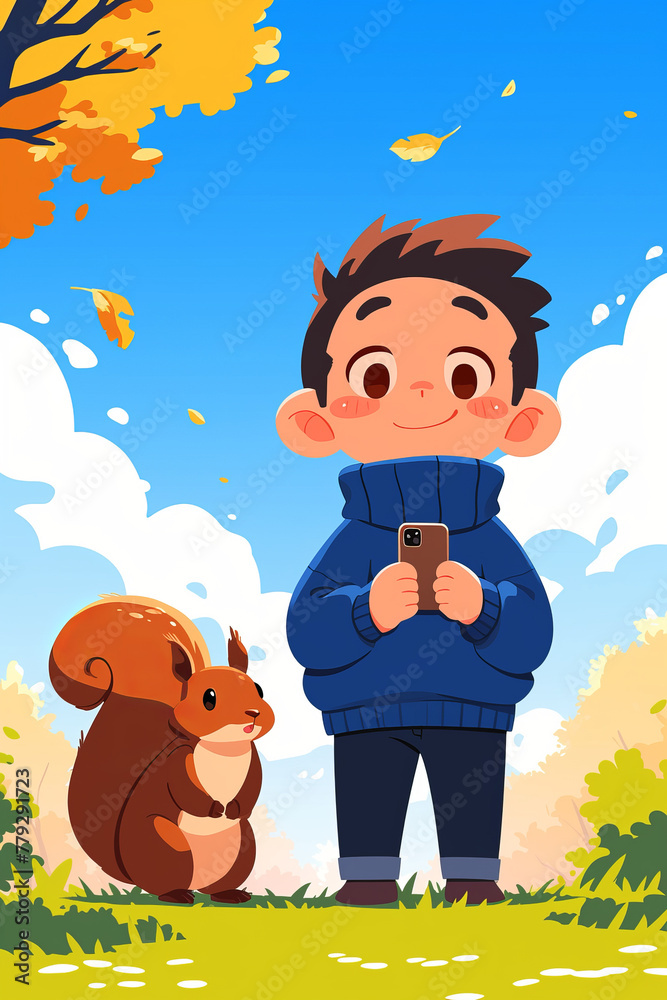 A boy is holding a cell phone while a squirrel stands next to him A boy is holding a cell phone while a squirrel stands next to him