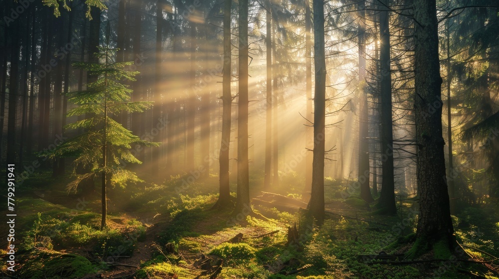 Sunlight filtering through the fog in a forest  AI generated illustration