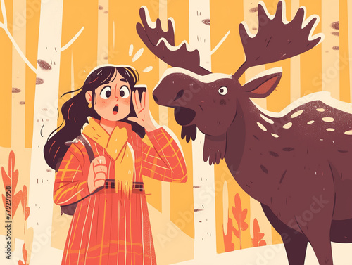 A woman is talking on her cell phone while a moose looks on