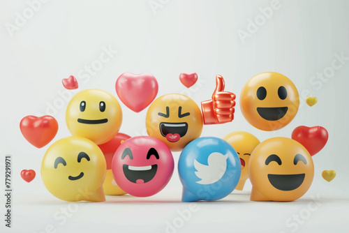  3D Social media platform, Social media 3d concept. Like, heart, thumbs up smile emoji. 3D render online communication