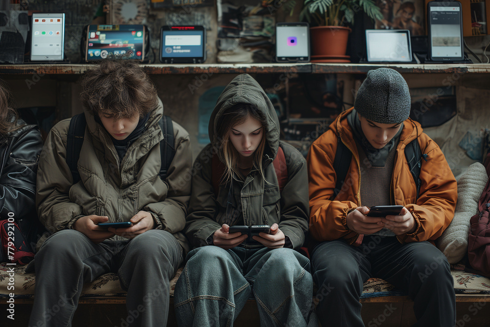 Group of teenager with their heads lowered looking at their smartphones, not talking to each other. Social isolation, addiction, technology.
