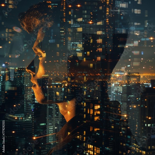 Double exposure combines the face of a man and the glowing windows of a big city at night. Panoramic view. Illustration for cover, card, postcard, interior design, poster, brochure or presentation. 