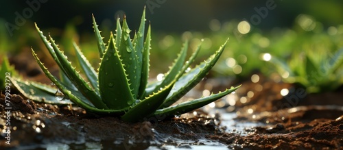 Aloe vera leaves growing on the ground in the garden photo
