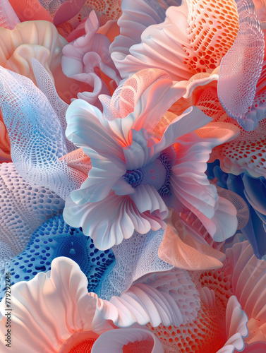 Intricate 3D Botanical Designs Detailed Abstract Shapes in Serene, Dream Like Setting