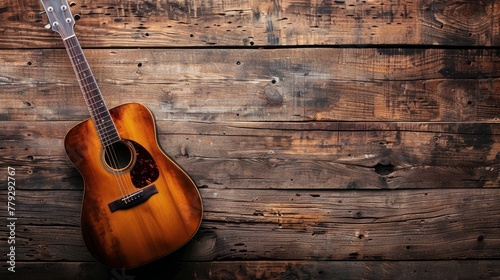 Acoustic guitar on a rustic wooden surface. Copy space for text