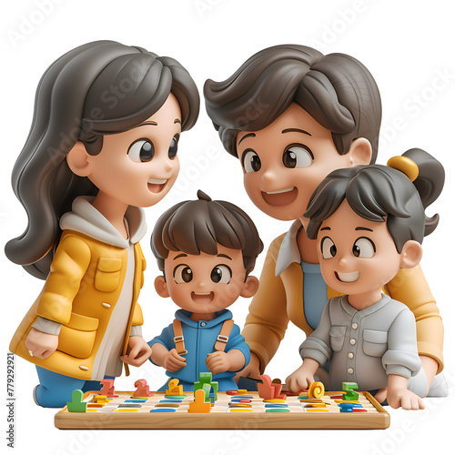 A 3D animated cartoon render of a happy mother playing a board game with her family.