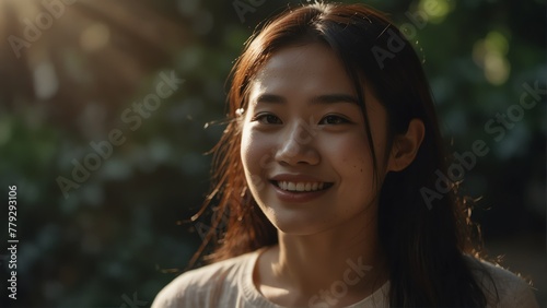 young asian woman smiling with bright sunshine rays and copy space from Generative AI