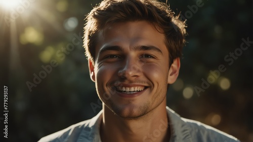 young caucasian man smiling with bright sunshine rays and copy space from Generative AI