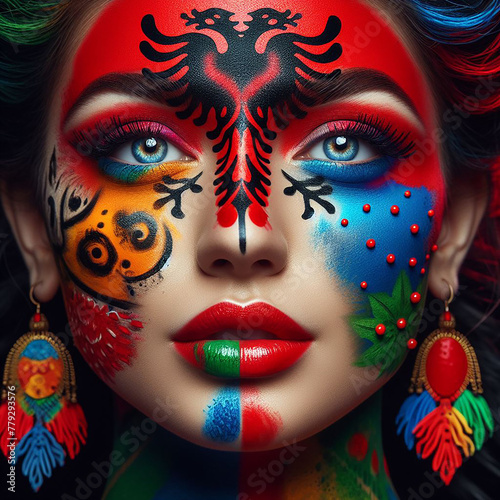 Albanian woman colorful face mask with albanian flag and traditional motives