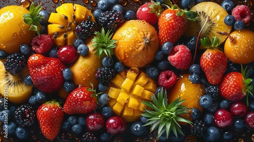 There are a variety of tropical fruits and mixed berries in this image  topped with syrup and juice. Watermelon  banana  pineapple  strawberry  orange  mango  blueberry  cherry  raspberry  papaya. A