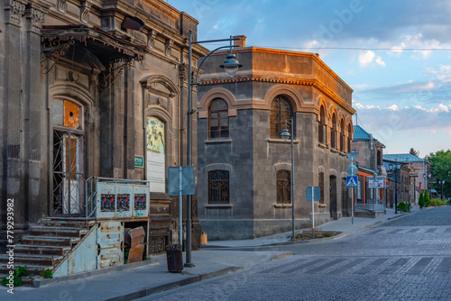 Sunset view of an empty street in the center of Gyumri, Armenia photo