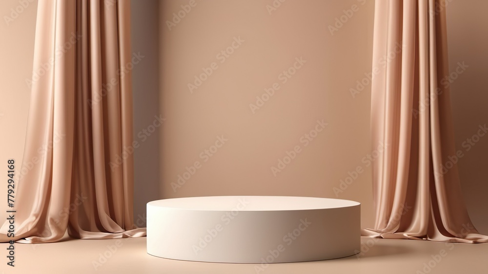 3D display podium, beige background with pedestal and flying nude color silk cloth curtain. Beauty, cosmetic product presentation stand. Luxury feminine mockup 3d render 3D display podium, beige background with pedestal and flying nude color silk cloth curtain. Beauty, cosmetic product presentation stand. Luxury feminine mockup 3d render