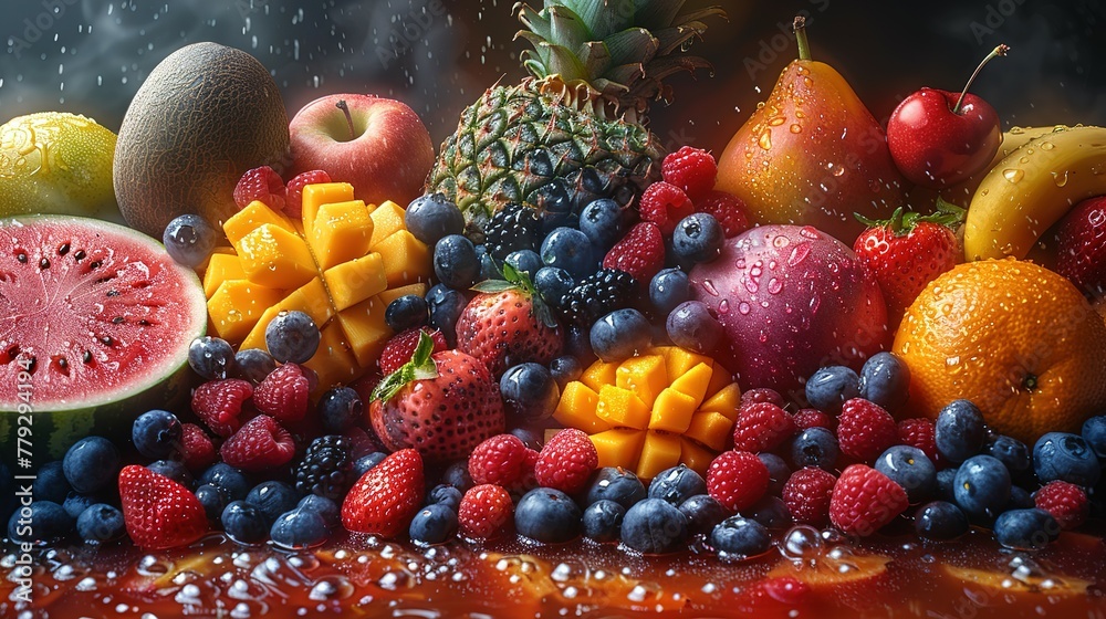 There are a variety of tropical fruits and mixed berries in this image, topped with syrup and juice. Watermelon, banana, pineapple, strawberry, orange, mango, blueberry, cherry, raspberry, papaya. A There are a variety of tropical fruits and mixed berries in this image, topped with syrup and juice. Watermelon, banana, pineapple, strawberry, orange, mango, blueberry, cherry, raspberry, papaya. A