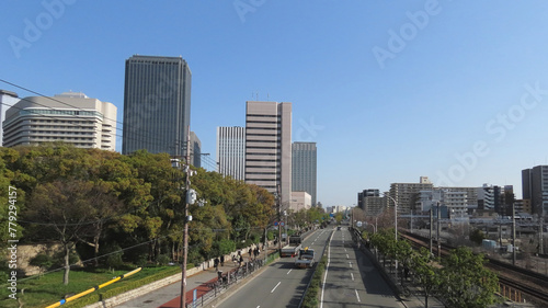 Japanese view of skyscrapers along Tamatsukuri-suji from Osakajokoen Station