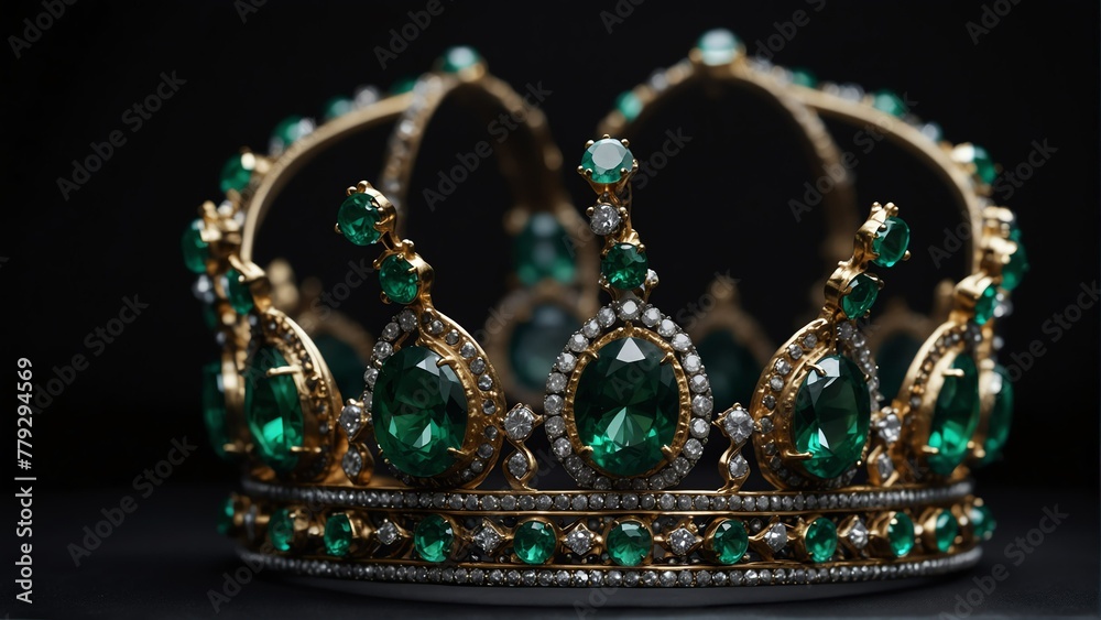 a royal crown with green emerald shiny sparkling gemstones on plain black background from Generative AI a royal crown with green emerald shiny sparkling gemstones on plain black background from Generative AI