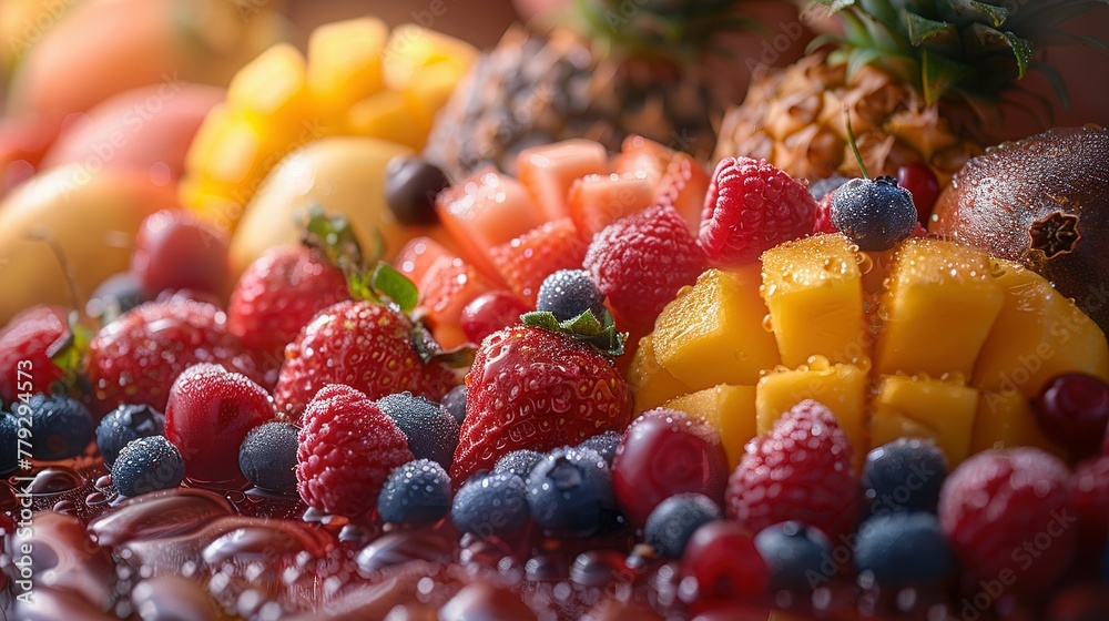 There are a variety of tropical fruits and mixed berries in this image, topped with syrup and juice. Watermelon, banana, pineapple, strawberry, orange, mango, blueberry, cherry, raspberry, papaya. A There are a variety of tropical fruits and mixed berries in this image, topped with syrup and juice. Watermelon, banana, pineapple, strawberry, orange, mango, blueberry, cherry, raspberry, papaya. A