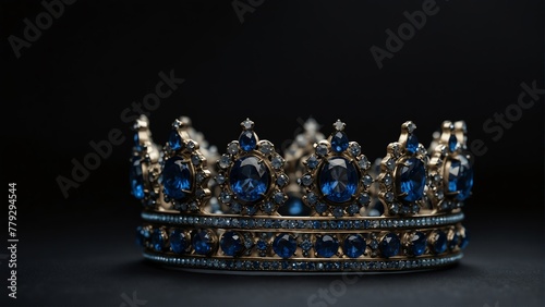 a royal crown with blue sapphire shiny sparkling gemstones on plain black background from Generative AI
