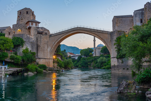 Sunrise view of the old Mostar bridge in Bosnia and Herzegovina