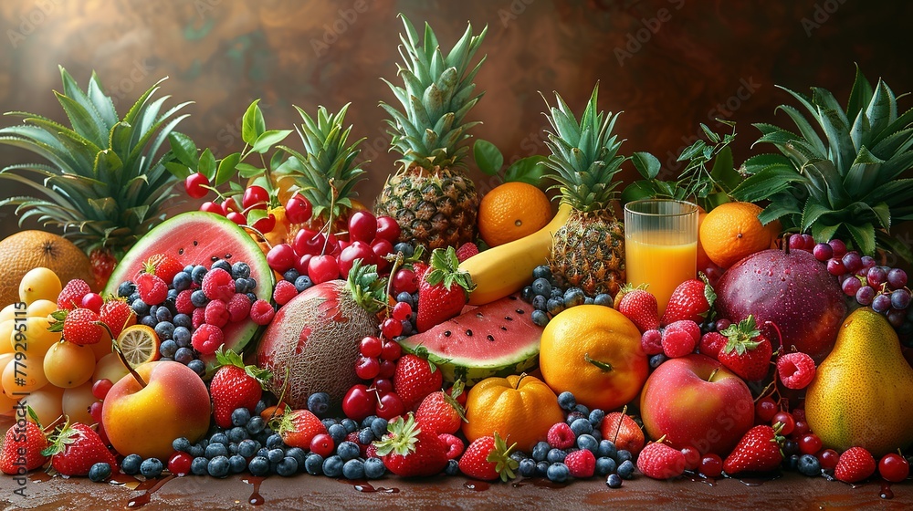 There are a variety of tropical fruits and mixed berries in this image, topped with syrup and juice. Watermelon, banana, pineapple, strawberry, orange, mango, blueberry, cherry, raspberry, papaya. A There are a variety of tropical fruits and mixed berries in this image, topped with syrup and juice. Watermelon, banana, pineapple, strawberry, orange, mango, blueberry, cherry, raspberry, papaya. A