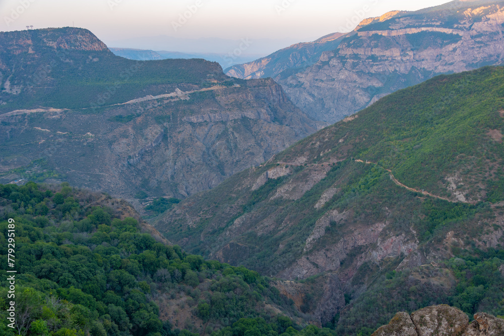 Naklejka premium Sunset view of Vorotan river valley on the way to Tatev village in Armenia