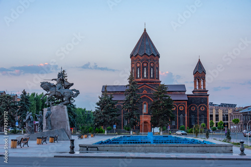 Sunset view of Vardanants square and holy saviour church in the center of Gyumri, Armenia photo