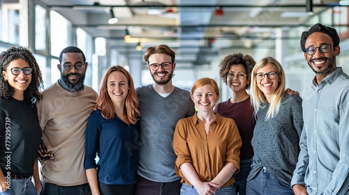 A portrait of a happy and diverse team of colleagues. They are all smiling and looking at the camera, and they look like they are really happy to be working together. photo