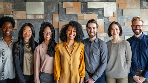 A portrait of a happy and diverse team of colleagues. They are all smiling and looking at the camera, and they look like they are really happy to be working together. photo