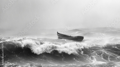 The calming of the storm with a minimalist boat amid AI generated illustration © ArtStage