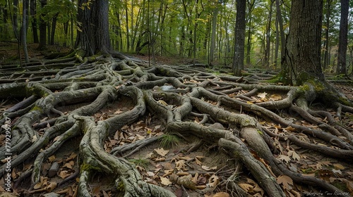 A network of tree roots forming intricate patterns on the forest floor.